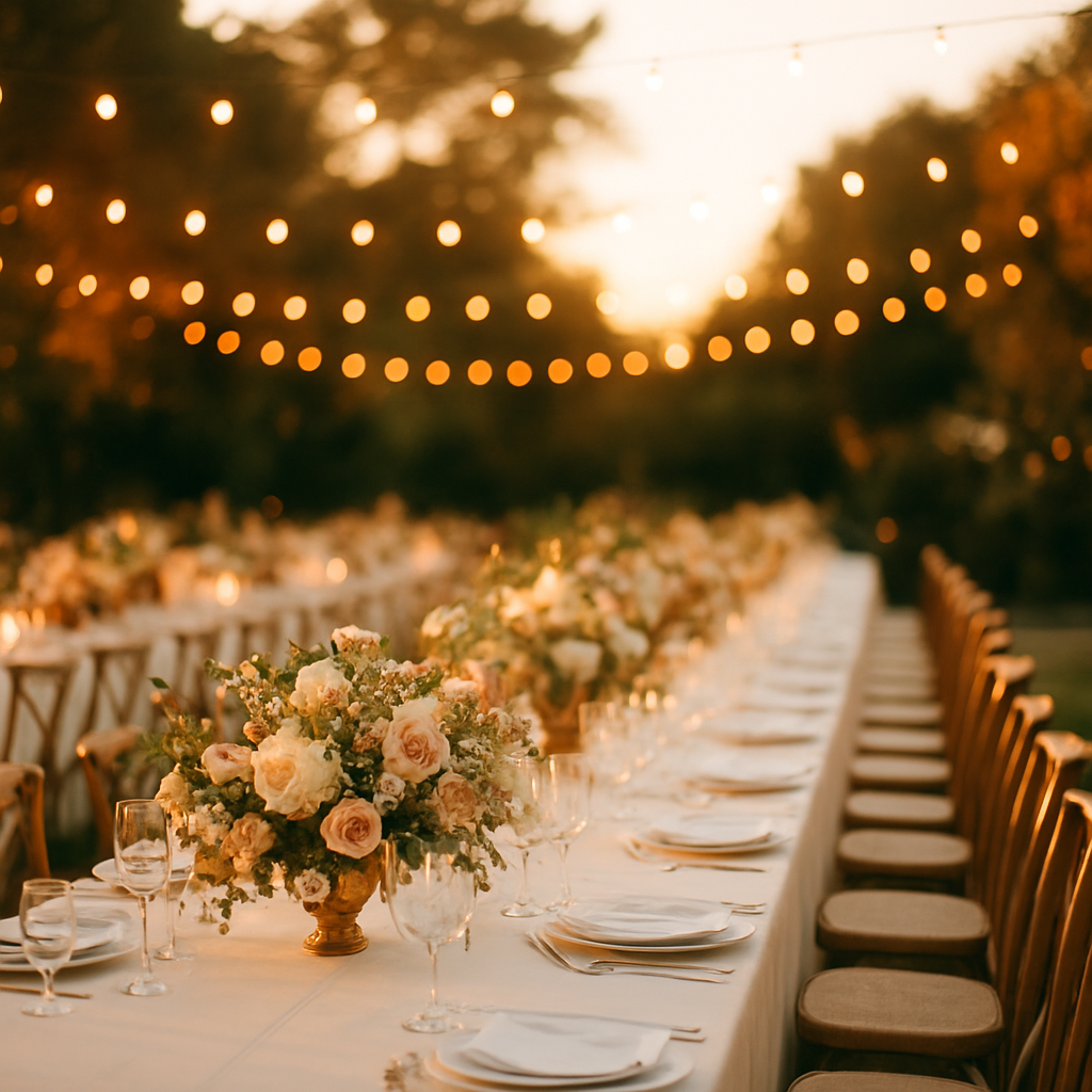 Elegant outdoor event reception at golden hour